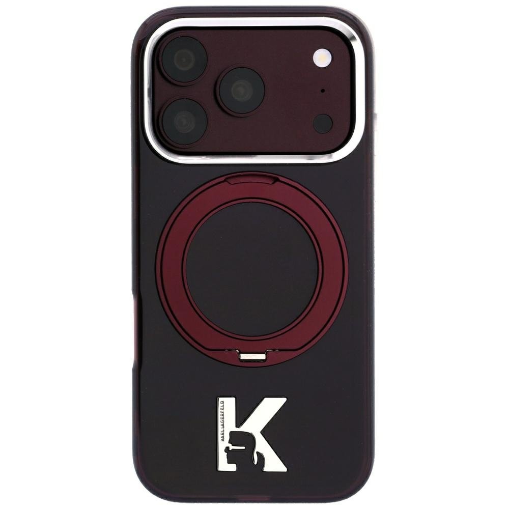 Karl Lagerfeld IML Ring Stand 360 Kameo metāla MagSafe apvalks iPhone 18 Pro / 17 Pro, bordo krāsā