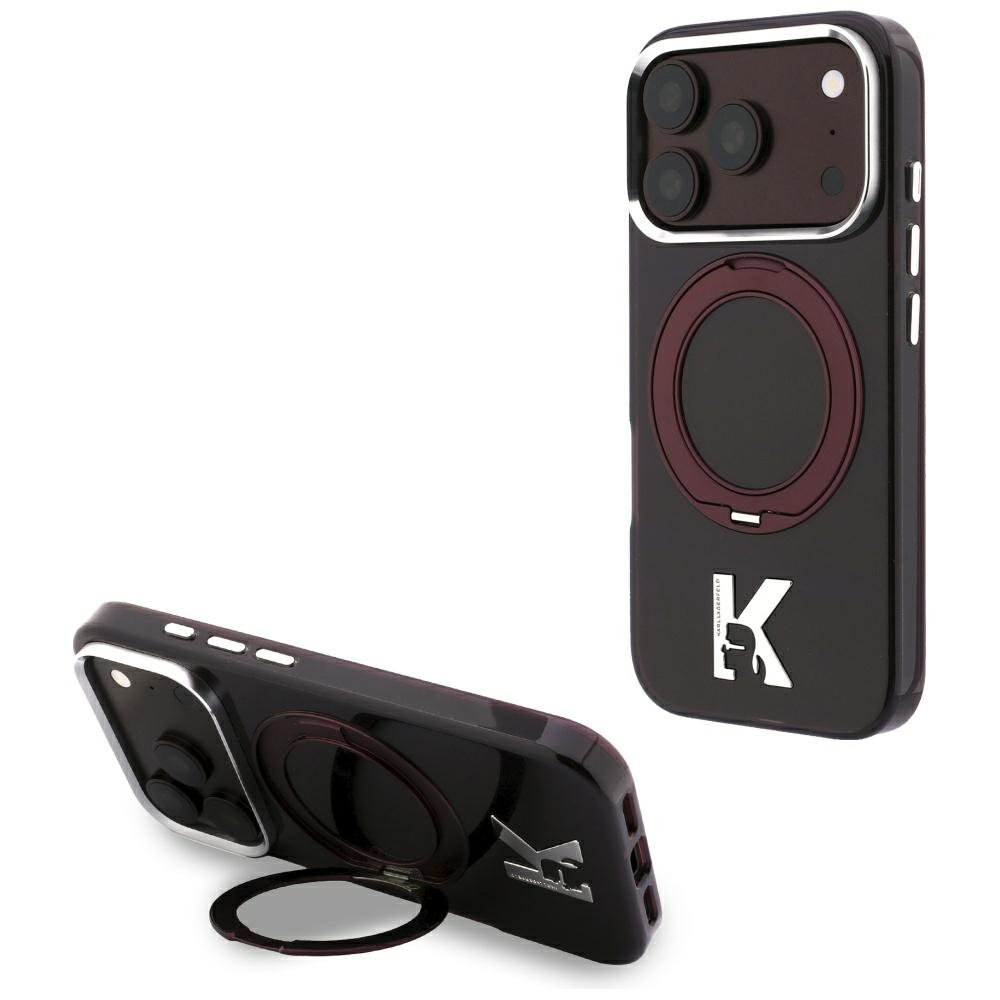 Karl Lagerfeld IML Ring Stand 360 Kameo metāla MagSafe apvalks iPhone 18 Pro / 17 Pro, bordo krāsā