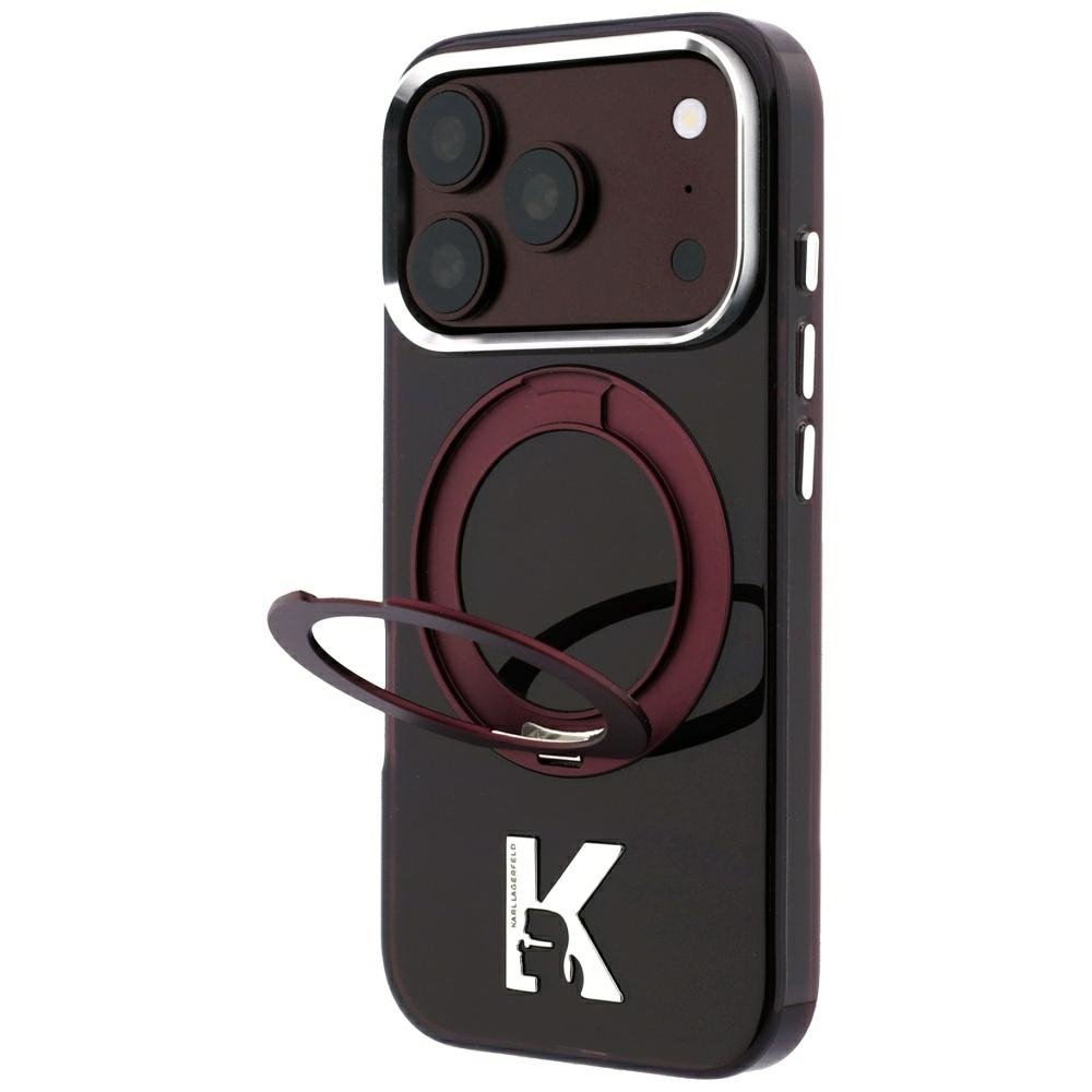 Karl Lagerfeld IML Ring Stand 360 Kameo metāla MagSafe apvalks iPhone 18 Pro / 17 Pro, bordo krāsā