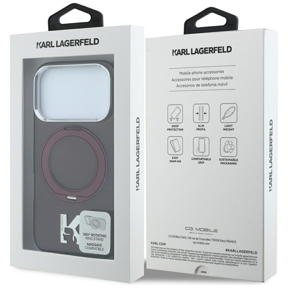 Karl Lagerfeld IML Ring Stand 360 Kameo metāla MagSafe apvalks iPhone 18 Pro / 17 Pro, bordo krāsā