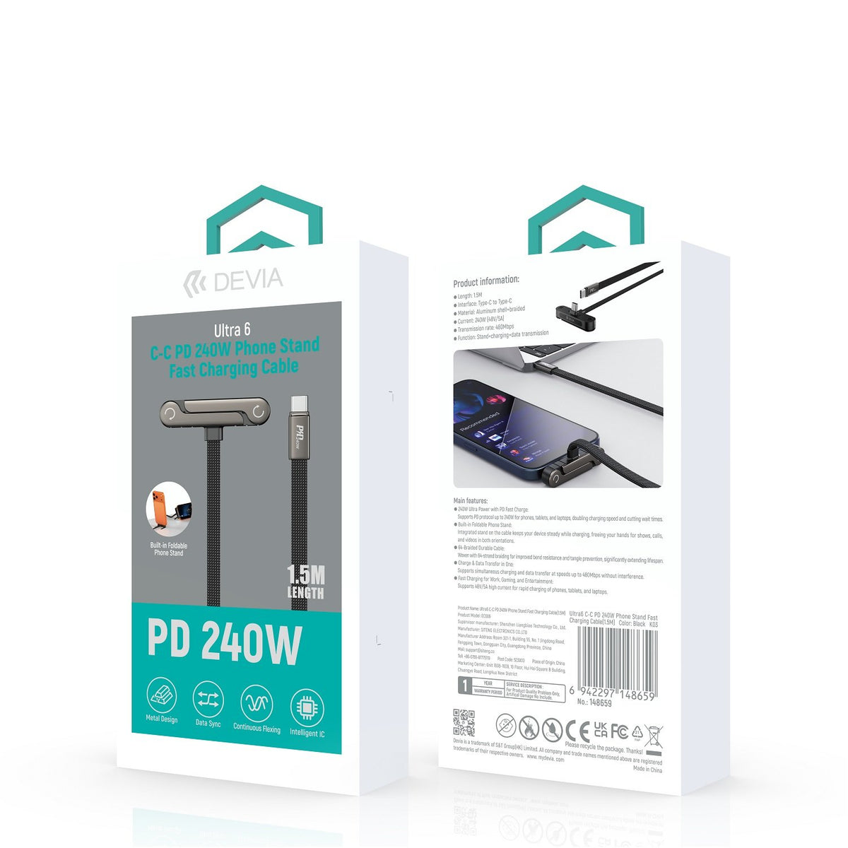 Devia Ultra6 USB-C–USB-C kabelis, 1,5 m, 240 W, ar statīvu