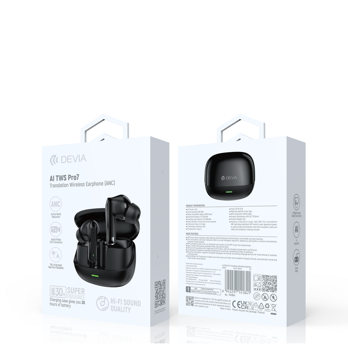 Devia AI TWS PRO 7 Bluetooth austiņas BT 5.4, melnā krāsā