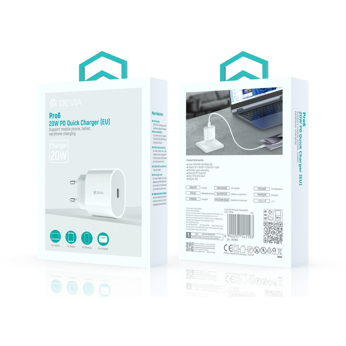 Devia sienas lādētājs Rocket PD QC 20 W, 1x USB-C, balts