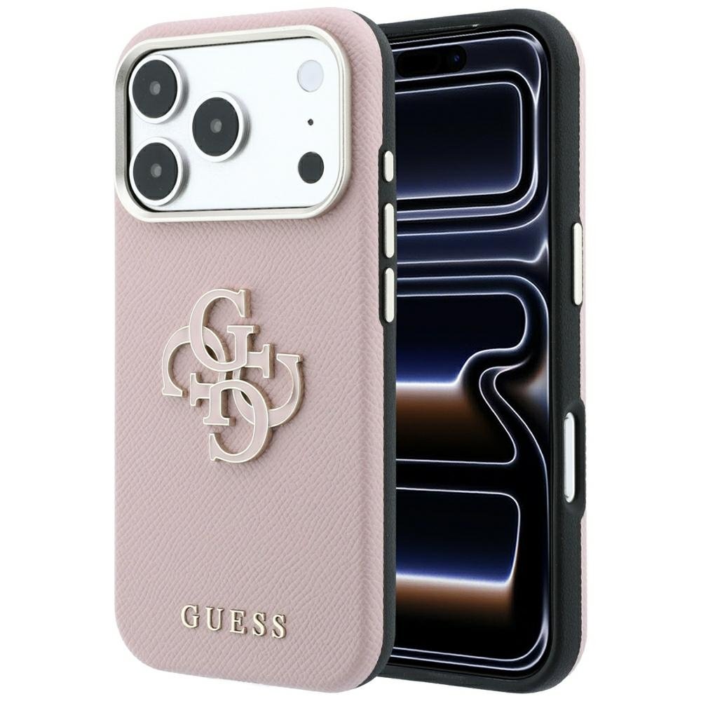 Guess vāciņš ar teksturētu virsmu un lielu logotipu no sveķiem iPhone 18 Pro Max / 17 Pro Max, rozā krāsā