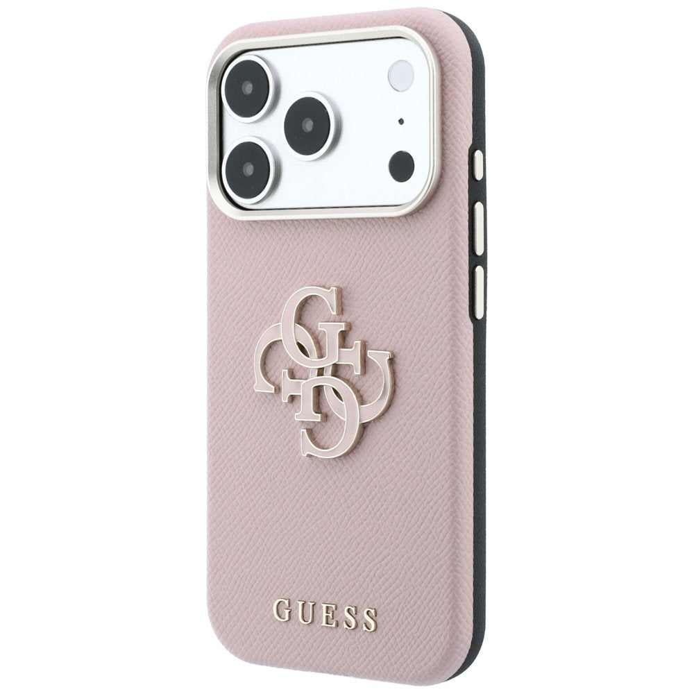 Guess vāciņš ar teksturētu virsmu un lielu logotipu no sveķiem iPhone 18 Pro Max / 17 Pro Max, rozā krāsā