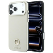 Guess raupjā tekstūra, apaļs strassu logotips, MagSafe vāciņš iPhone 18 Pro / 17 Pro, smilškrāsā