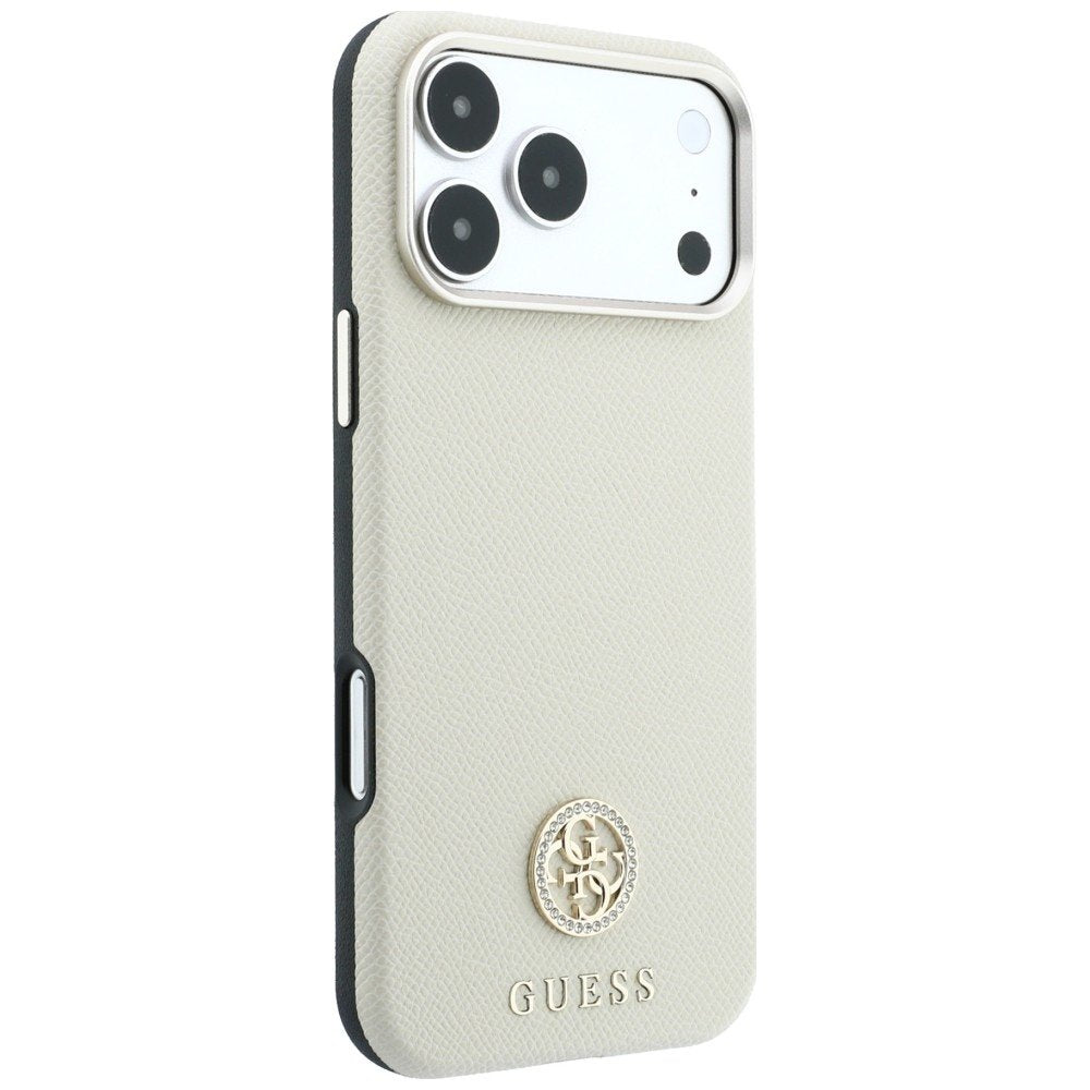 Guess raupjā tekstūra, apaļs strassu logotips, MagSafe vāciņš iPhone 18 Pro / 17 Pro, smilškrāsā