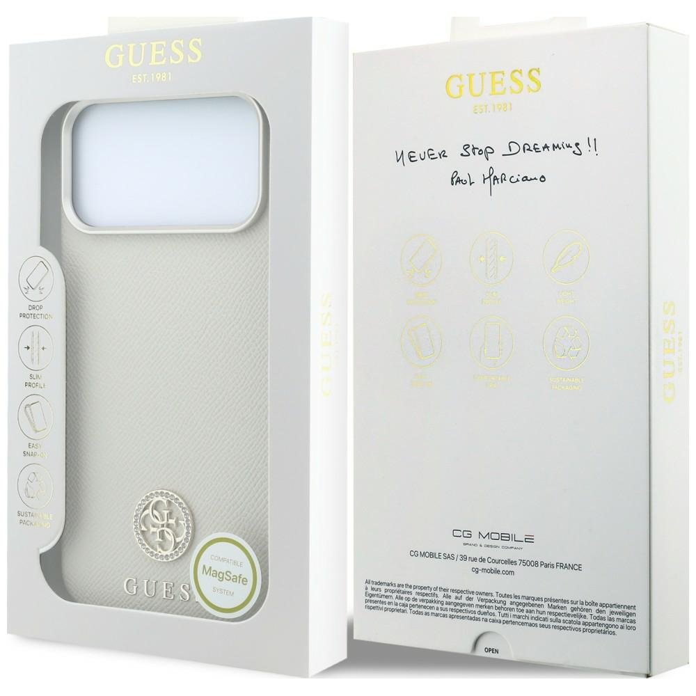 Guess raupjā tekstūra, apaļs strassu logotips, MagSafe vāciņš iPhone 18 Pro / 17 Pro, smilškrāsā