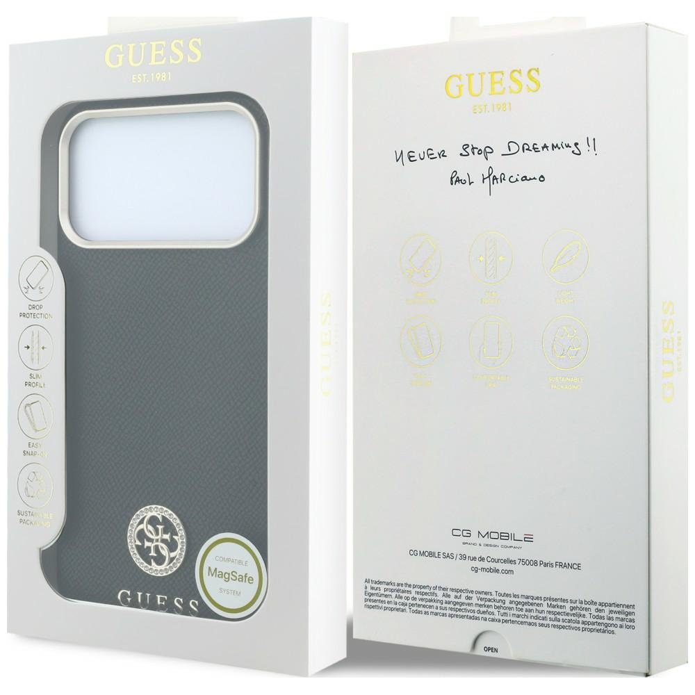 Guess apdarināts, apaļš, ar strassiem rotāts logotipa MagSafe vāciņš iPhone 18 Pro Max / 17 Pro Max, melns