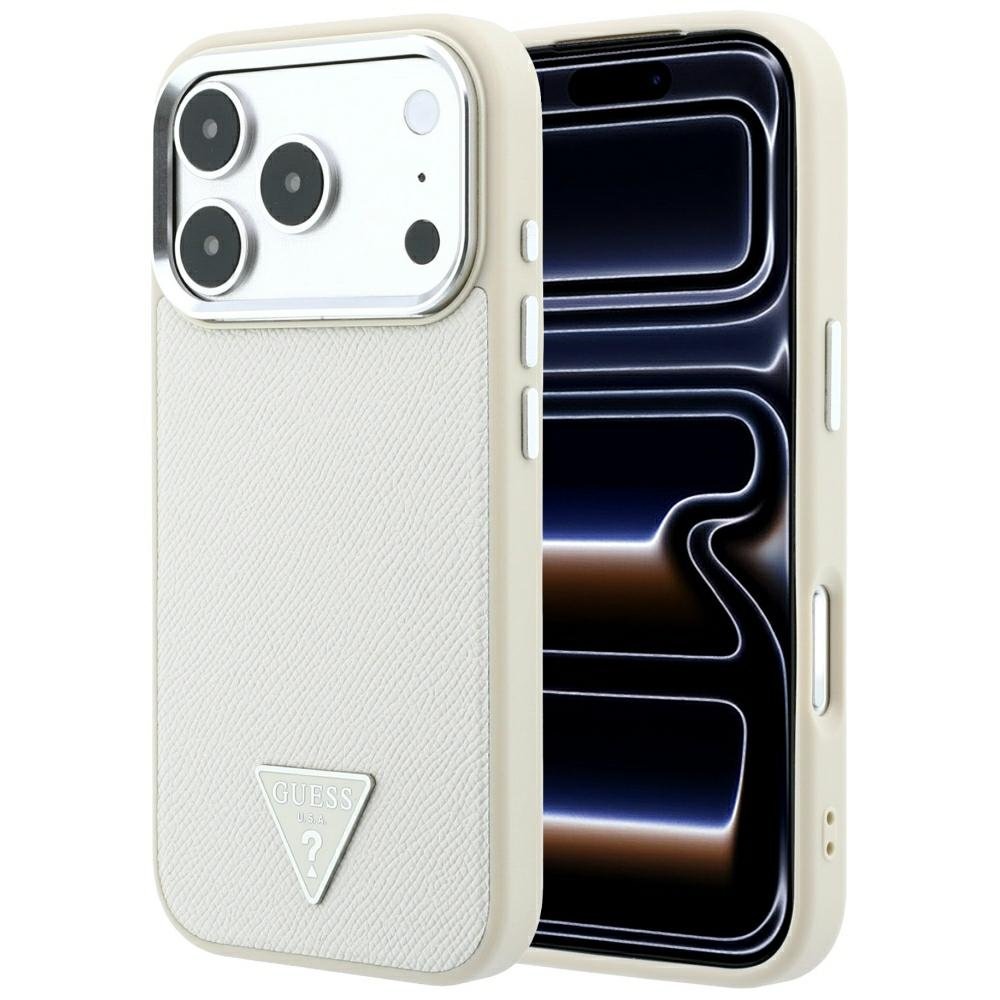 Guess teksturēts trīsstūra logotipa MagSafe vāciņš iPhone 18 Pro / 17 Pro, smilškrāsā