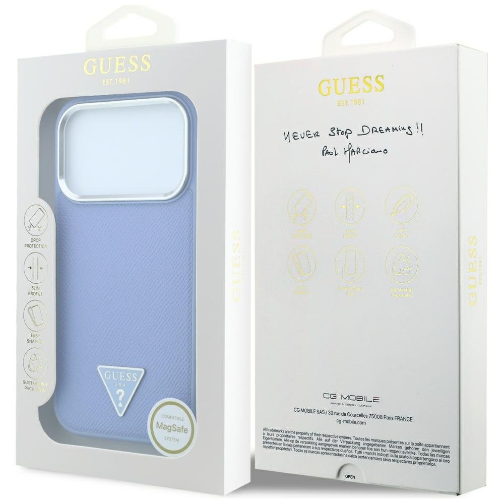 Guess teksturēts trīsstūra logotipa MagSafe vāciņš iPhone 18 Pro Max / 17 Pro Max, zils