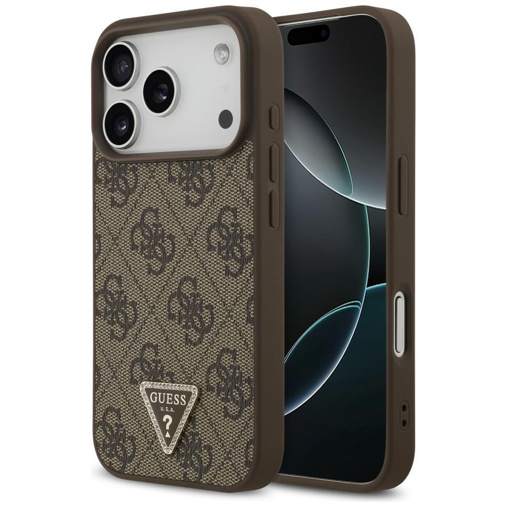 Guess Leather 4G Triangle Strass MagSafe vāciņš iPhone 18 Pro / 17 Pro, brūns