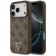 Guess Leather 4G Triangle Strass MagSafe vāciņš iPhone 18 Pro / 17 Pro, brūns