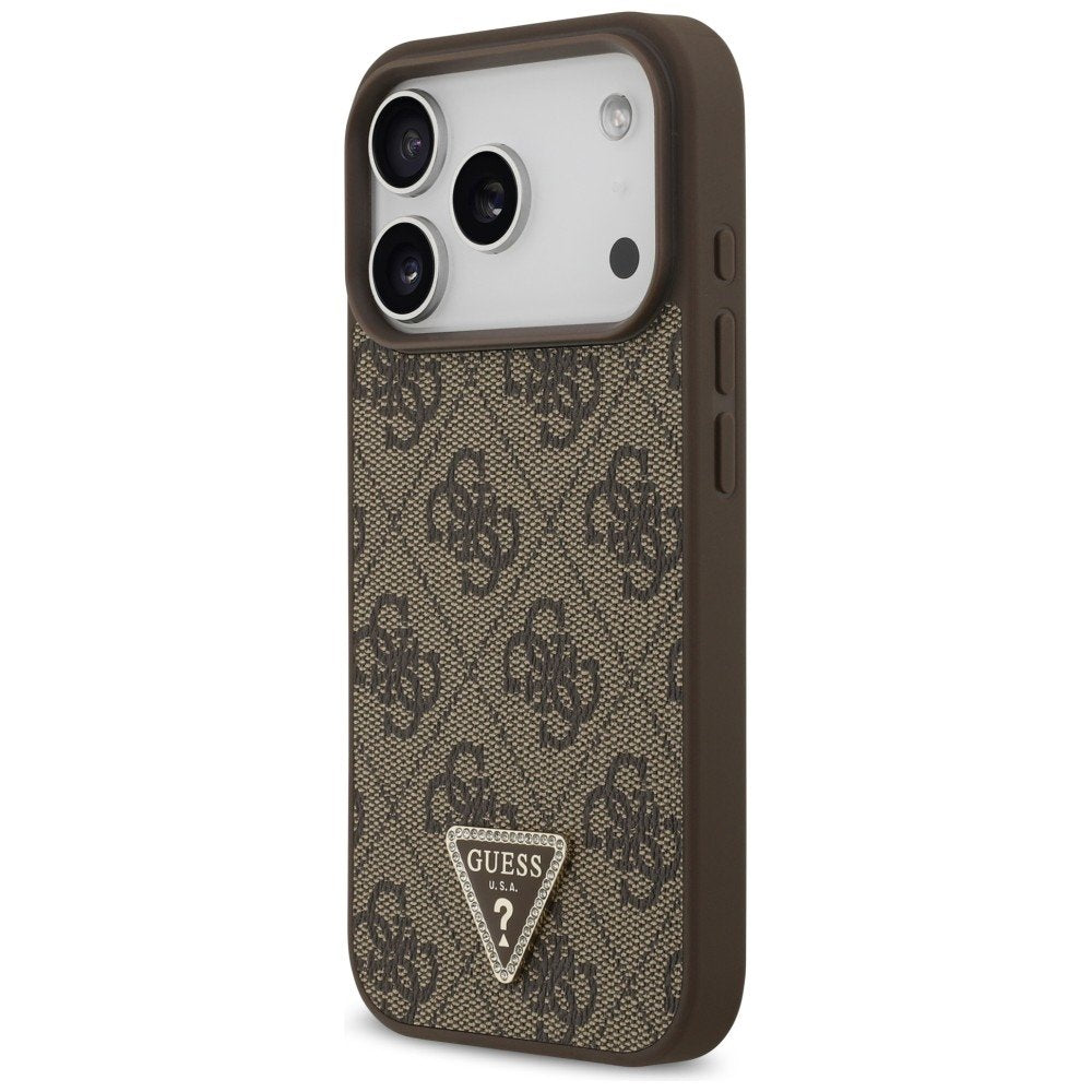 Guess Leather 4G Triangle Strass MagSafe vāciņš iPhone 18 Pro / 17 Pro, brūns