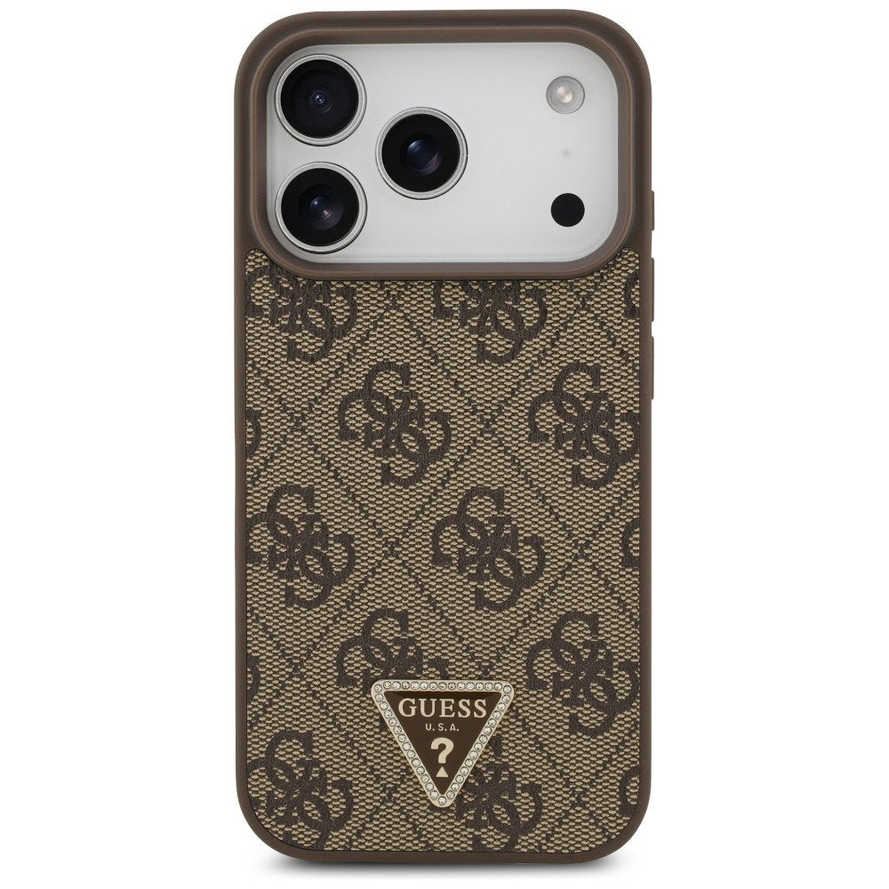 Guess Leather 4G Triangle Strass MagSafe vāciņš iPhone 18 Pro / 17 Pro, brūns