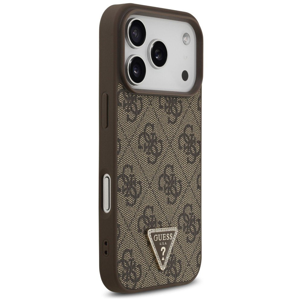 Guess Leather 4G Triangle Strass MagSafe vāciņš iPhone 18 Pro / 17 Pro, brūns
