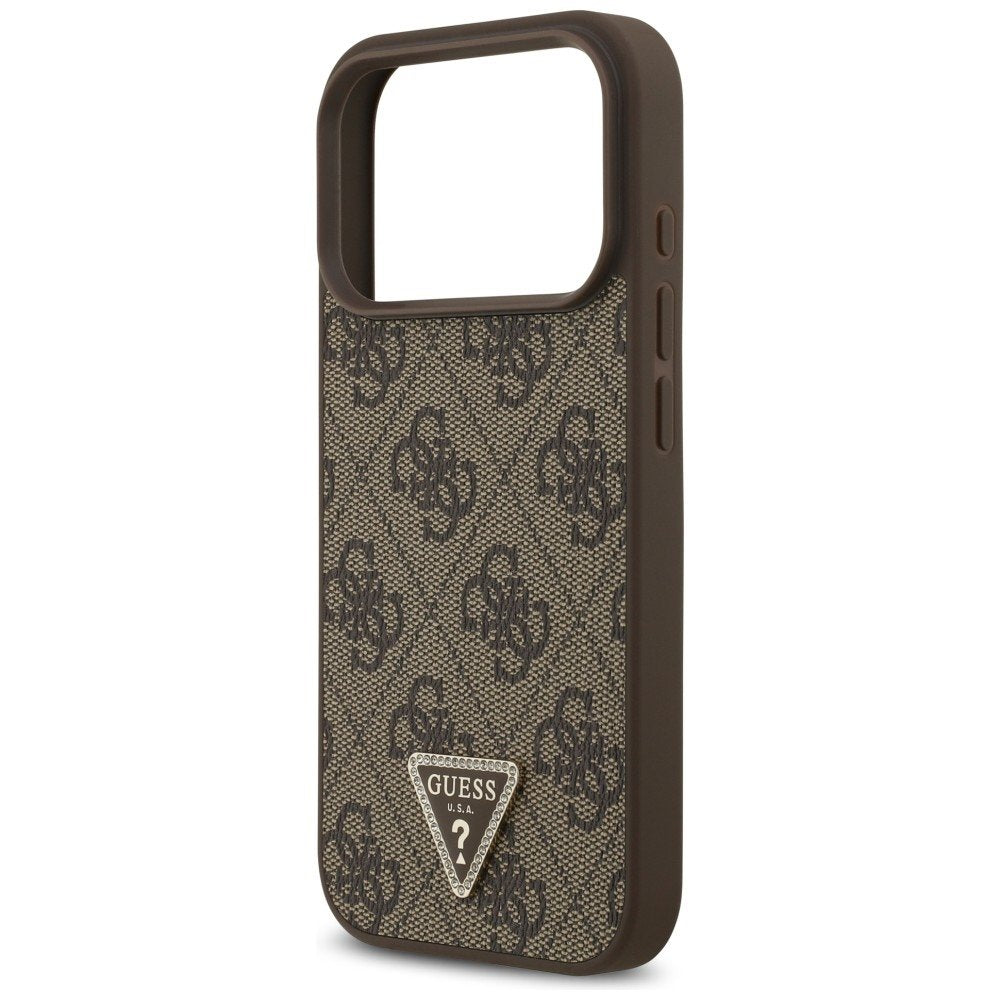 Guess Leather 4G Triangle Strass MagSafe vāciņš iPhone 18 Pro / 17 Pro, brūns