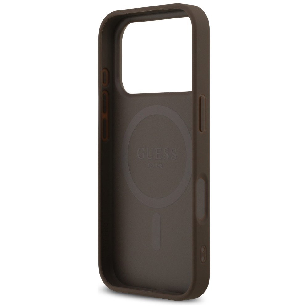 Guess Leather 4G Triangle Strass MagSafe vāciņš iPhone 18 Pro / 17 Pro, brūns