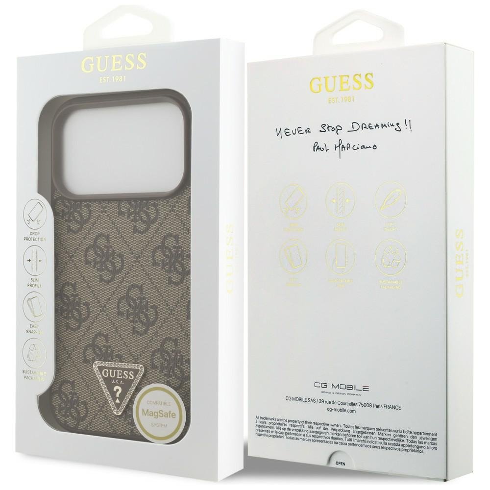 Guess Leather 4G Triangle Strass MagSafe vāciņš iPhone 18 Pro / 17 Pro, brūns
