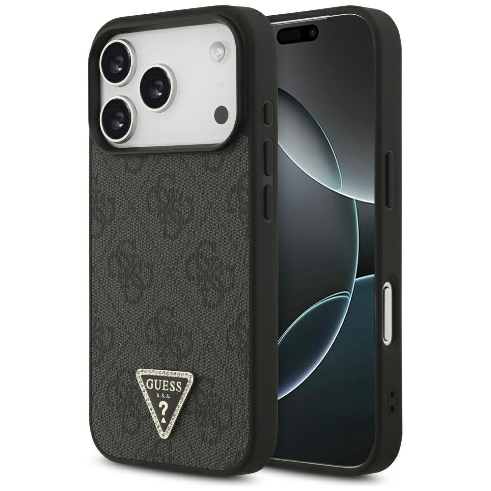 Guess Leather 4G Triangle Strass MagSafe vāciņš iPhone 18 Pro / 17 Pro, melns
