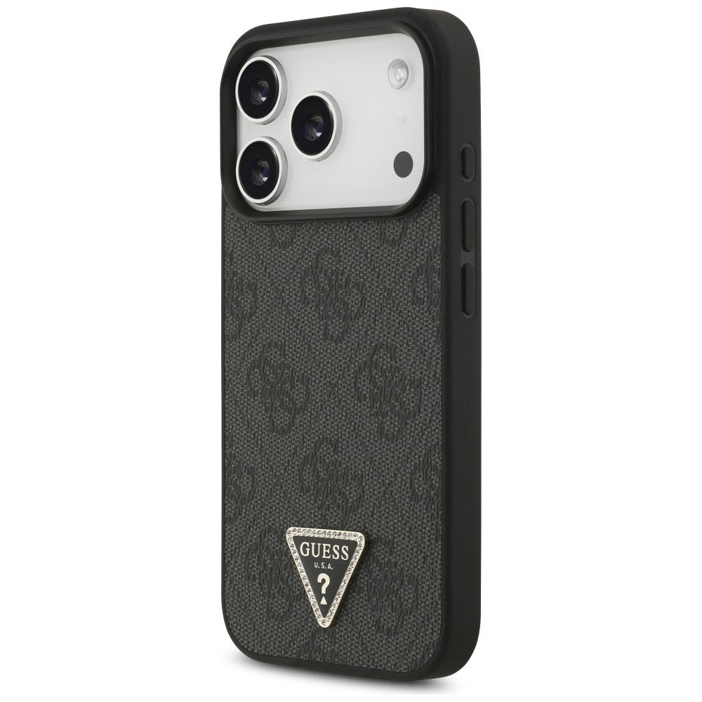 Guess Leather 4G Triangle Strass MagSafe vāciņš iPhone 18 Pro / 17 Pro, melns