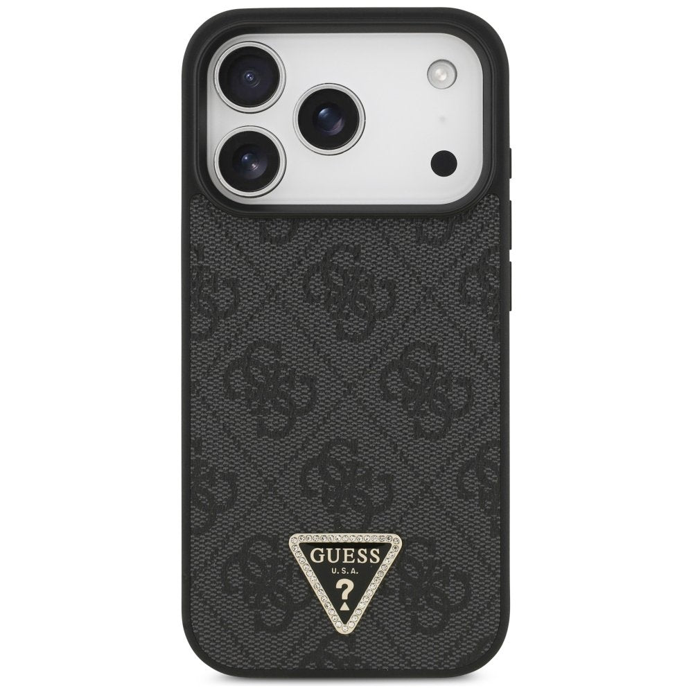 Guess Leather 4G Triangle Strass MagSafe vāciņš iPhone 18 Pro / 17 Pro, melns