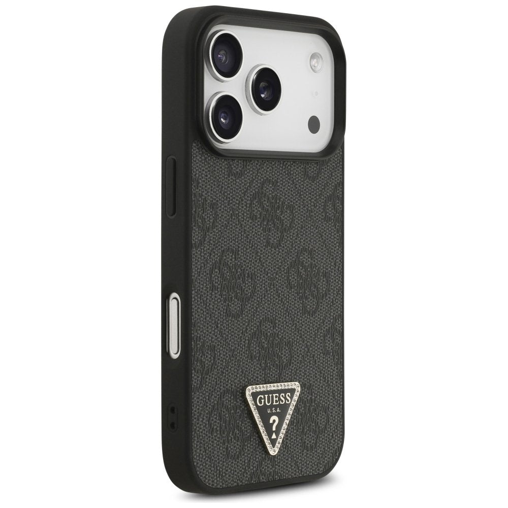 Guess Leather 4G Triangle Strass MagSafe vāciņš iPhone 18 Pro / 17 Pro, melns
