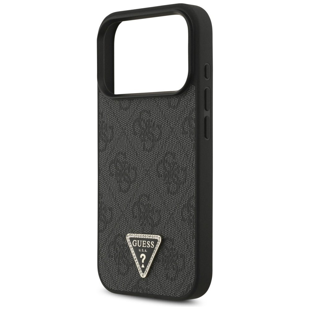 Guess Leather 4G Triangle Strass MagSafe vāciņš iPhone 18 Pro / 17 Pro, melns