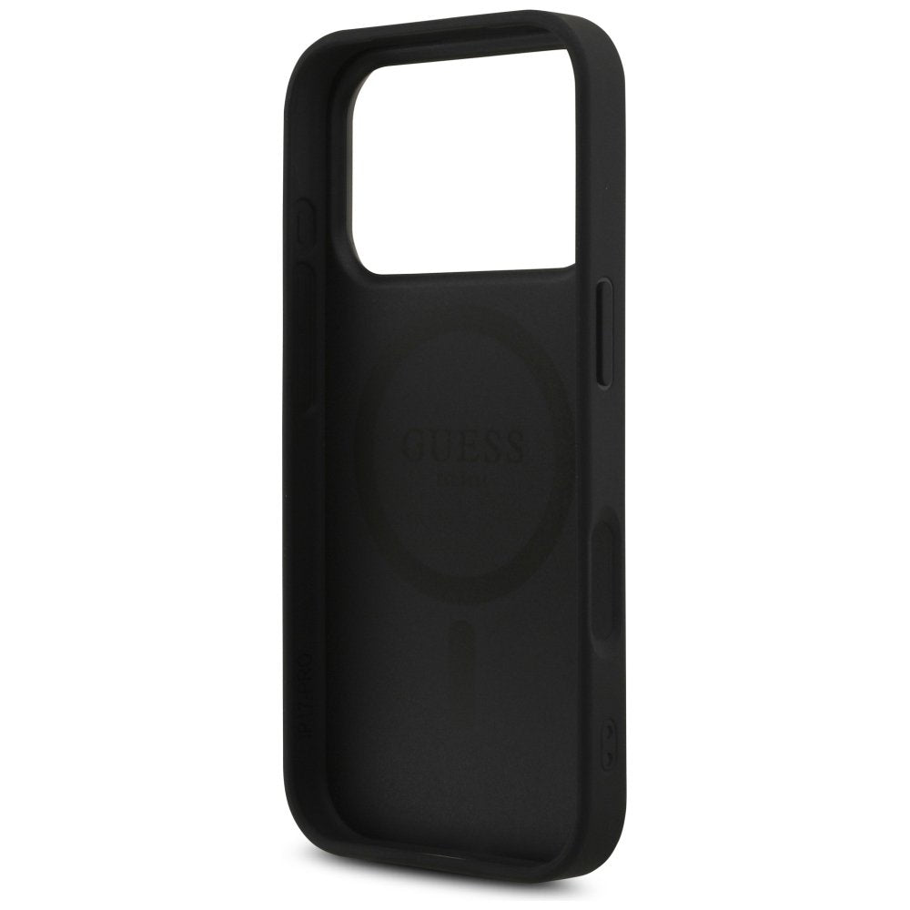 Guess Leather 4G Triangle Strass MagSafe vāciņš iPhone 18 Pro / 17 Pro, melns