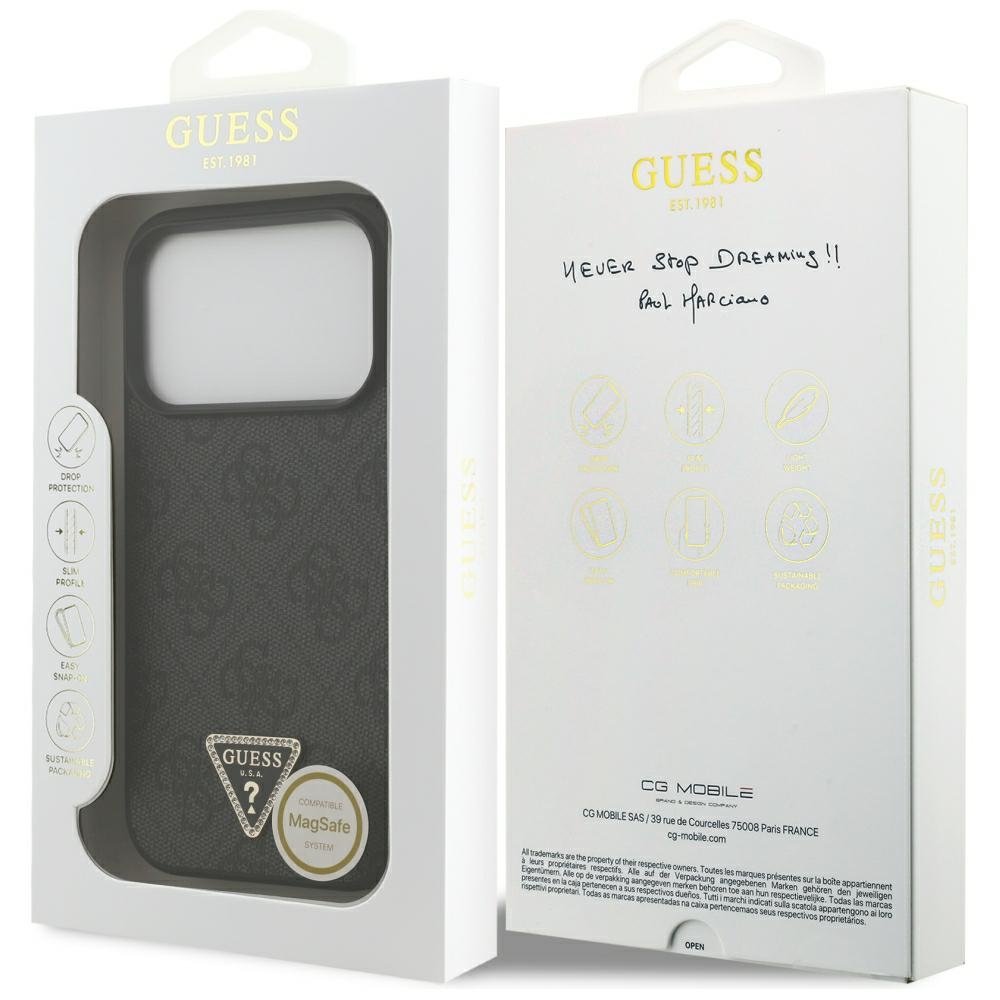 Guess Leather 4G Triangle Strass MagSafe vāciņš iPhone 18 Pro / 17 Pro, melns