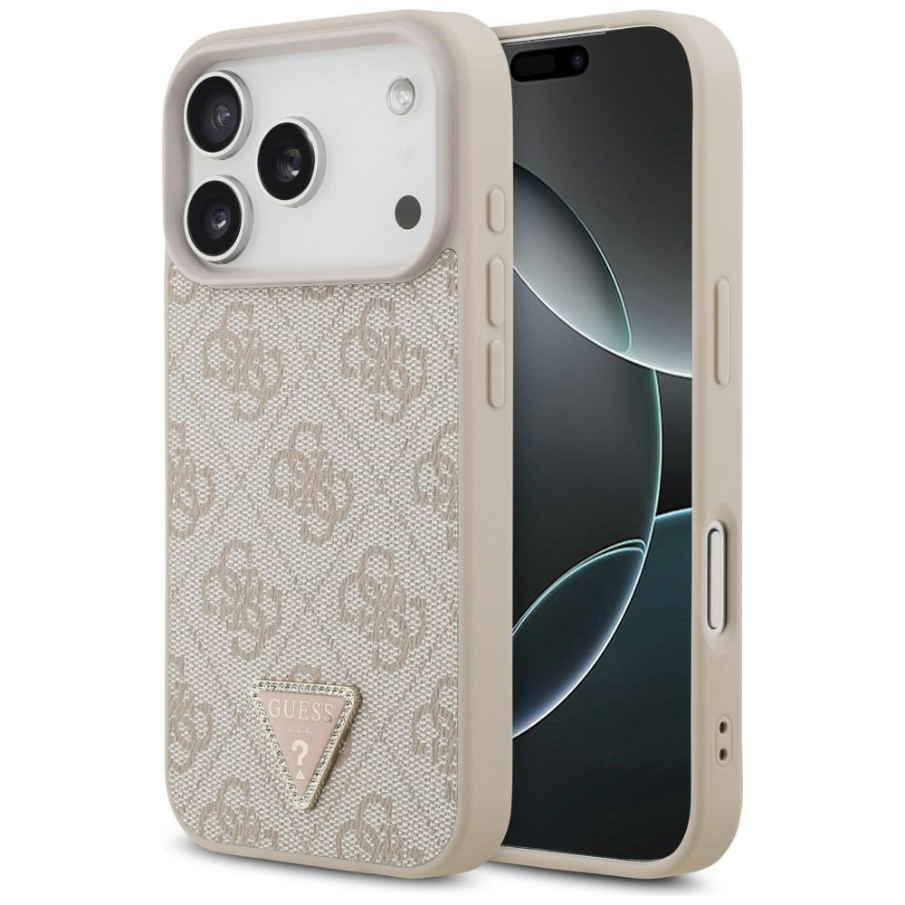 Guess Leather 4G Triangle Strass MagSafe vāciņš iPhone 18 Pro / 17 Pro, rozā krāsā