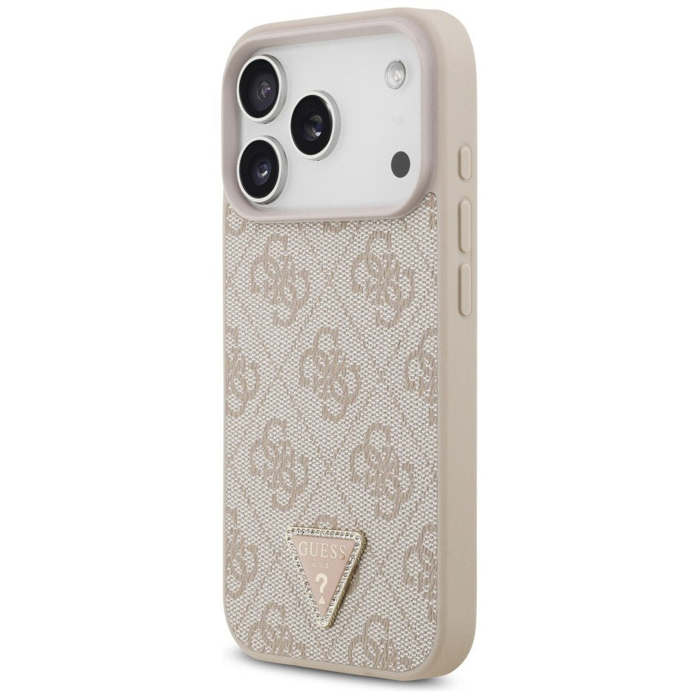 Guess Leather 4G Triangle Strass MagSafe vāciņš iPhone 18 Pro / 17 Pro, rozā krāsā