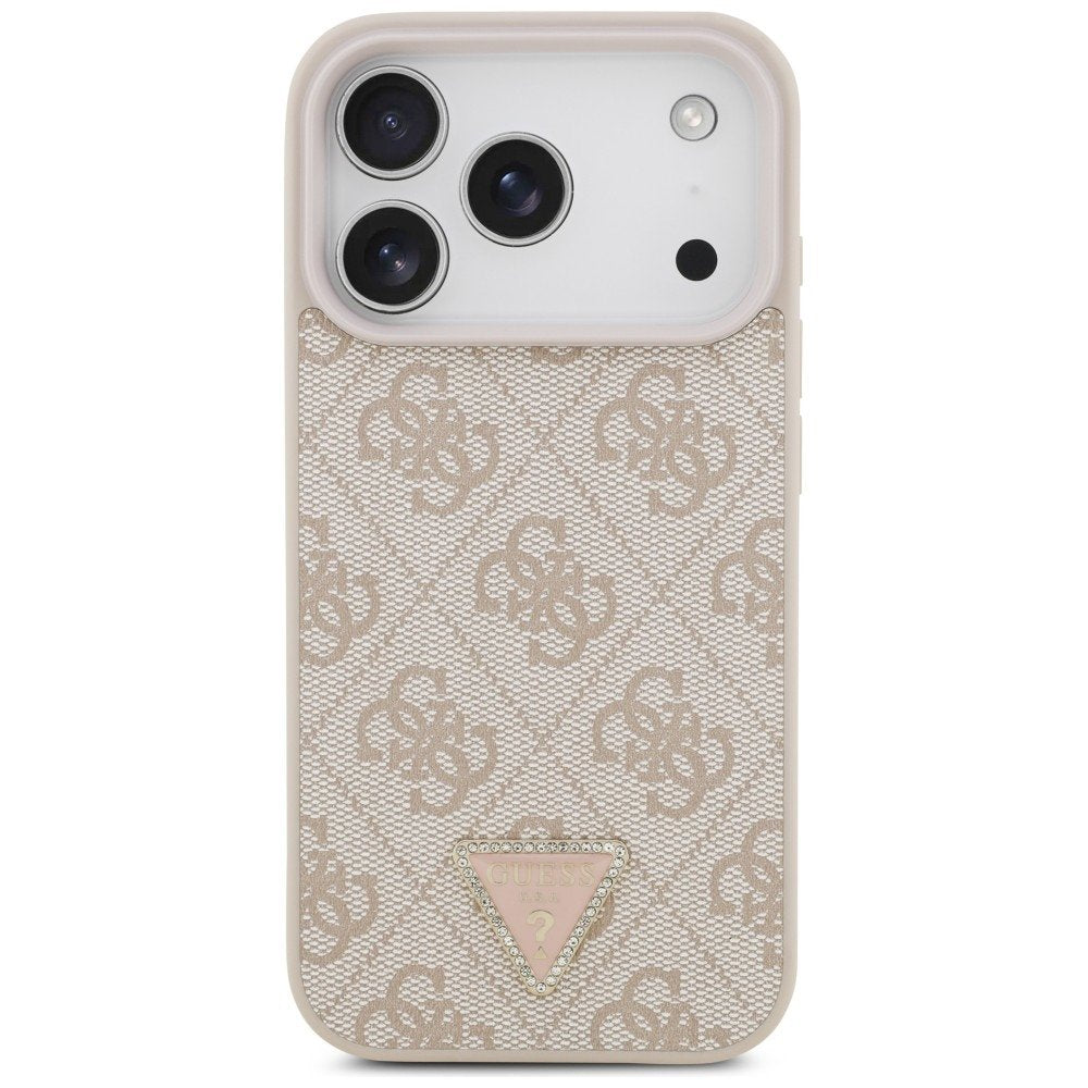 Guess Leather 4G Triangle Strass MagSafe vāciņš iPhone 18 Pro / 17 Pro, rozā krāsā