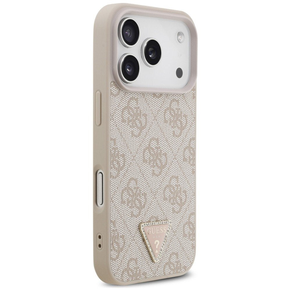 Guess Leather 4G Triangle Strass MagSafe vāciņš iPhone 18 Pro / 17 Pro, rozā krāsā