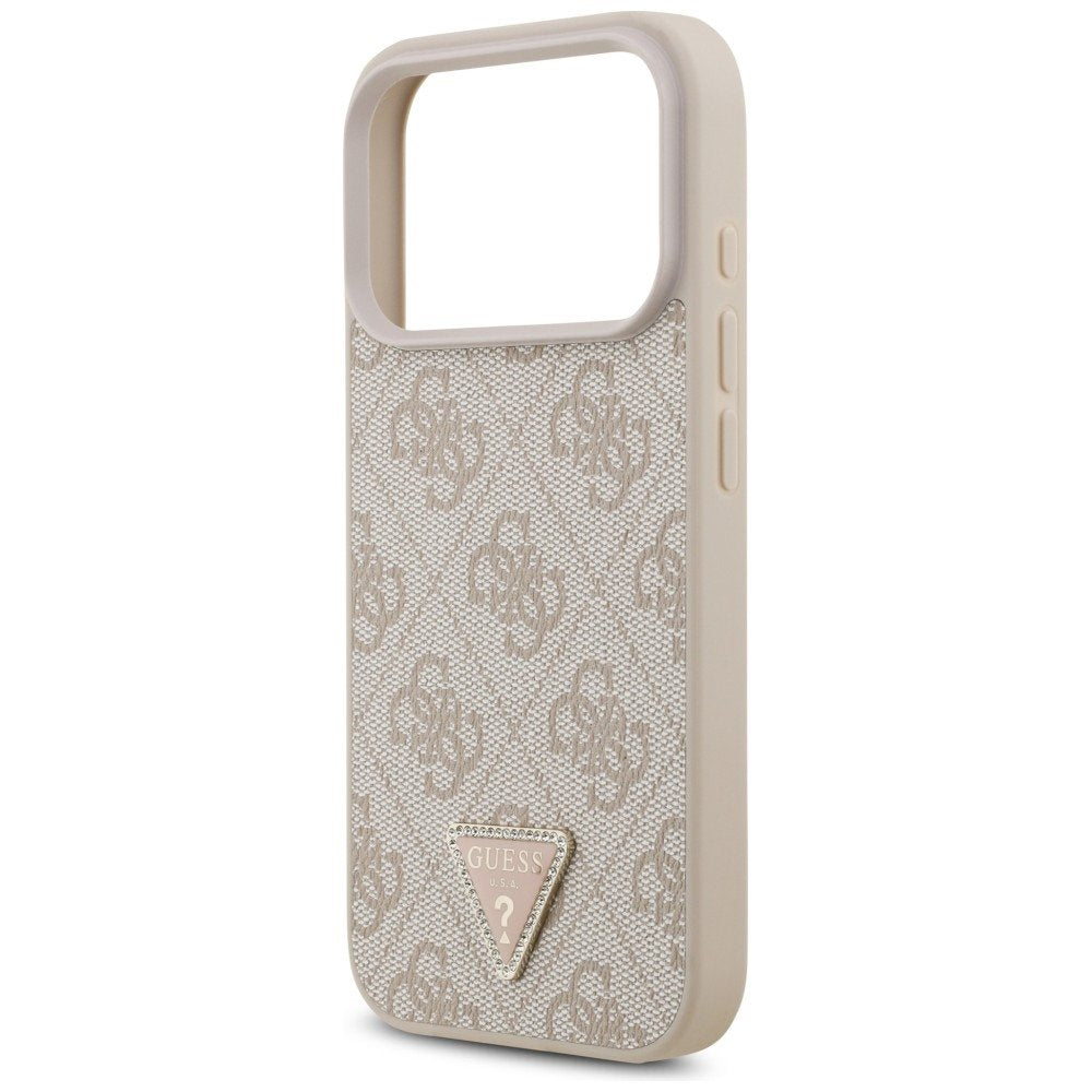 Guess Leather 4G Triangle Strass MagSafe vāciņš iPhone 18 Pro / 17 Pro, rozā krāsā
