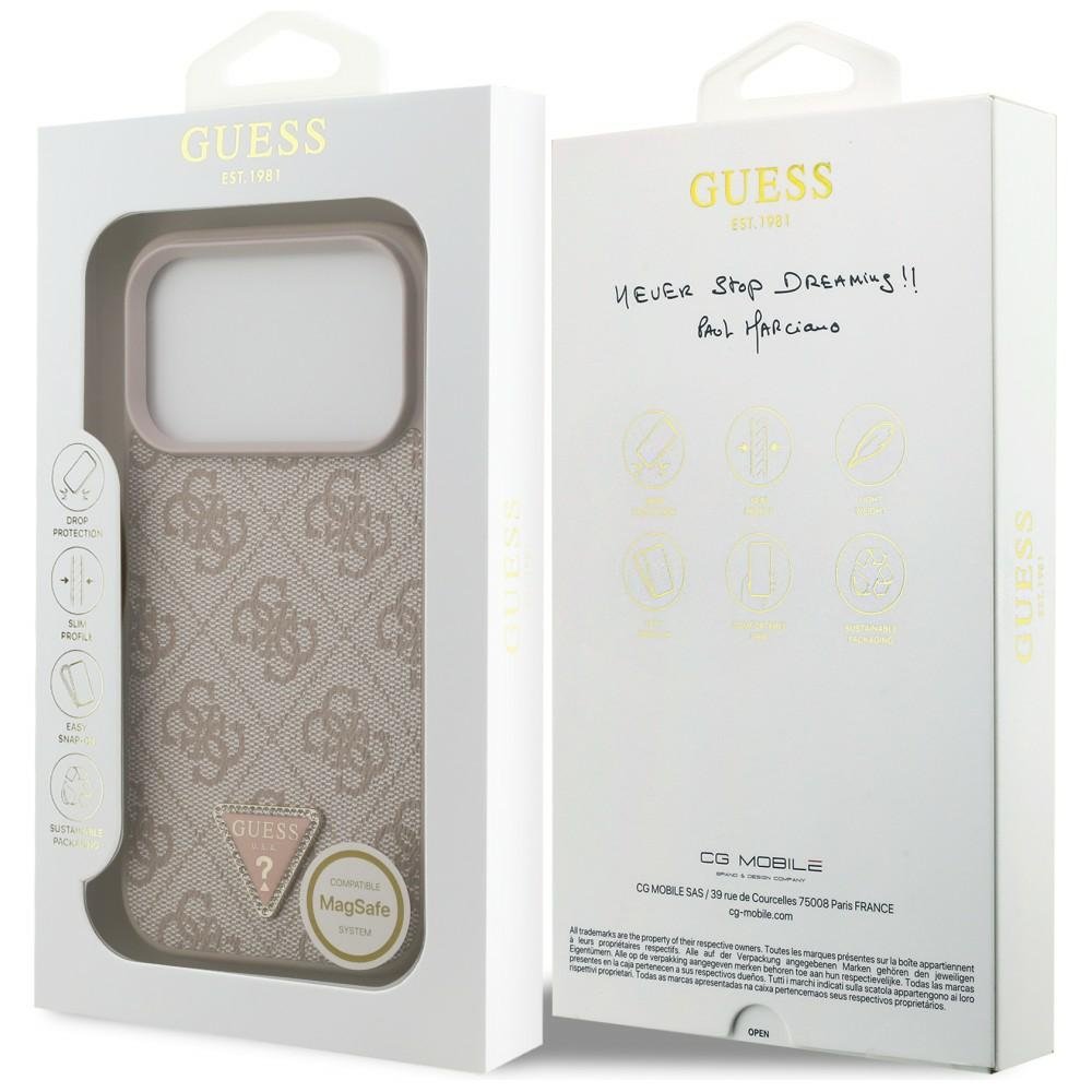 Guess Leather 4G Triangle Strass MagSafe vāciņš iPhone 18 Pro / 17 Pro, rozā krāsā