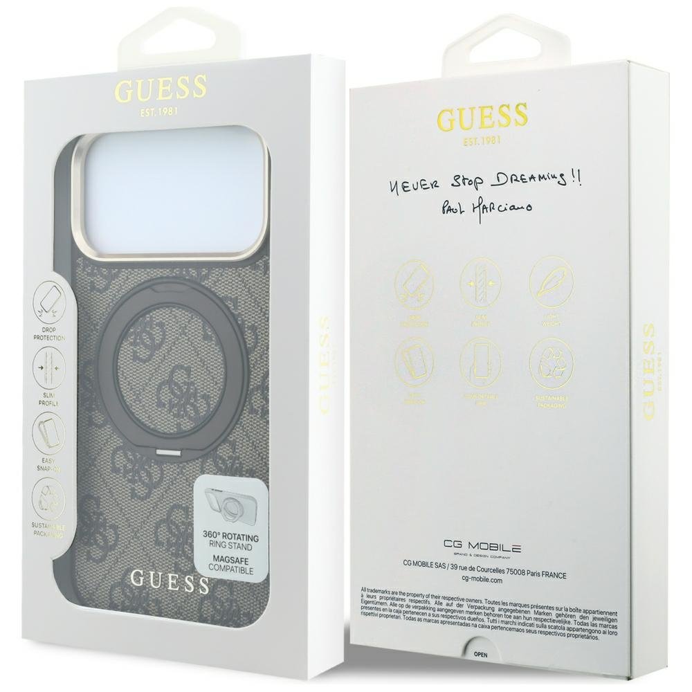 Guess Ring Stand 360 4G Classic Logo MagSafe vāciņš iPhone 18 Pro / 17 Pro, brūns