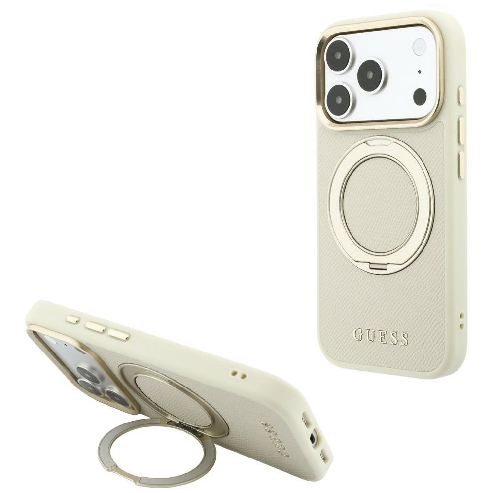 Guess gredzenveida statīvs 360 ar graudainu tekstūru un klasisko logotipu, MagSafe vāciņš iPhone 18 Pro Max / 17 Pro Max, smilškrāsā