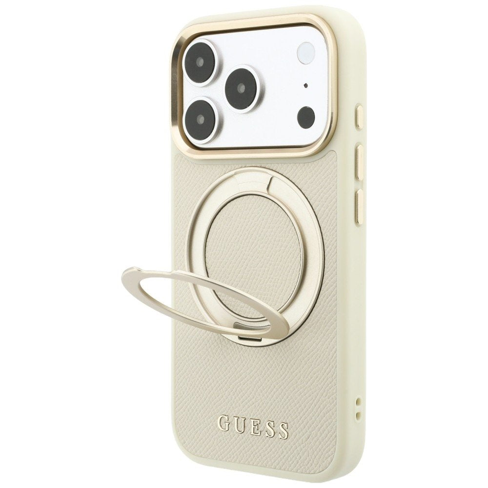 Guess gredzenveida statīvs 360 ar graudainu tekstūru un klasisko logotipu, MagSafe vāciņš iPhone 18 Pro Max / 17 Pro Max, smilškrāsā