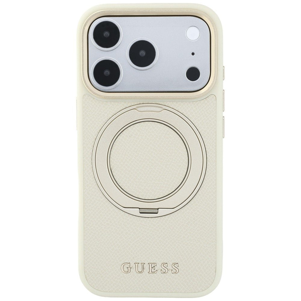 Guess gredzenveida statīvs 360 ar graudainu tekstūru un klasisko logotipu, MagSafe vāciņš iPhone 18 Pro Max / 17 Pro Max, smilškrāsā
