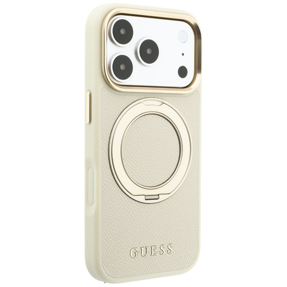 Guess gredzenveida statīvs 360 ar graudainu tekstūru un klasisko logotipu, MagSafe vāciņš iPhone 18 Pro Max / 17 Pro Max, smilškrāsā