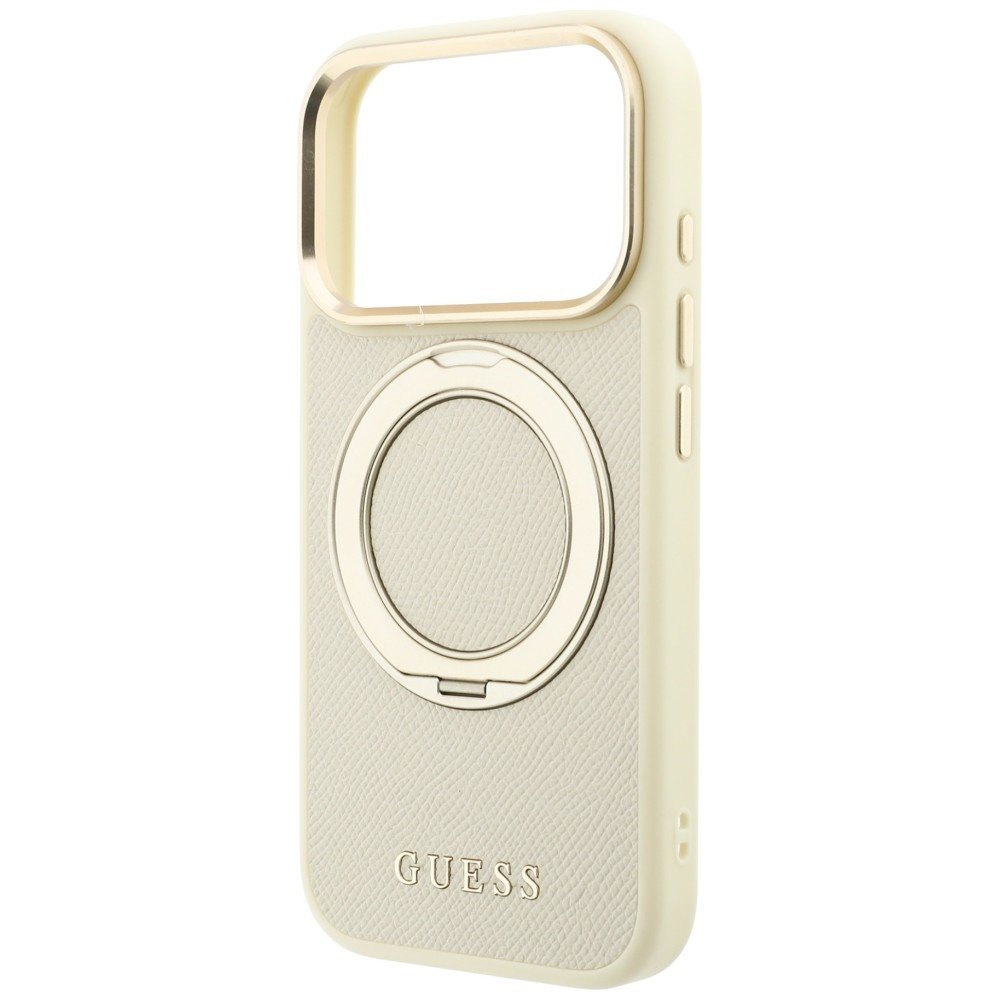 Guess gredzenveida statīvs 360 ar graudainu tekstūru un klasisko logotipu, MagSafe vāciņš iPhone 18 Pro Max / 17 Pro Max, smilškrāsā