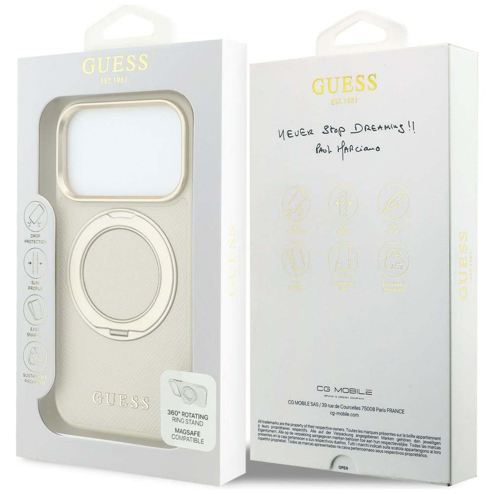 Guess gredzenveida statīvs 360 ar graudainu tekstūru un klasisko logotipu, MagSafe vāciņš iPhone 18 Pro Max / 17 Pro Max, smilškrāsā