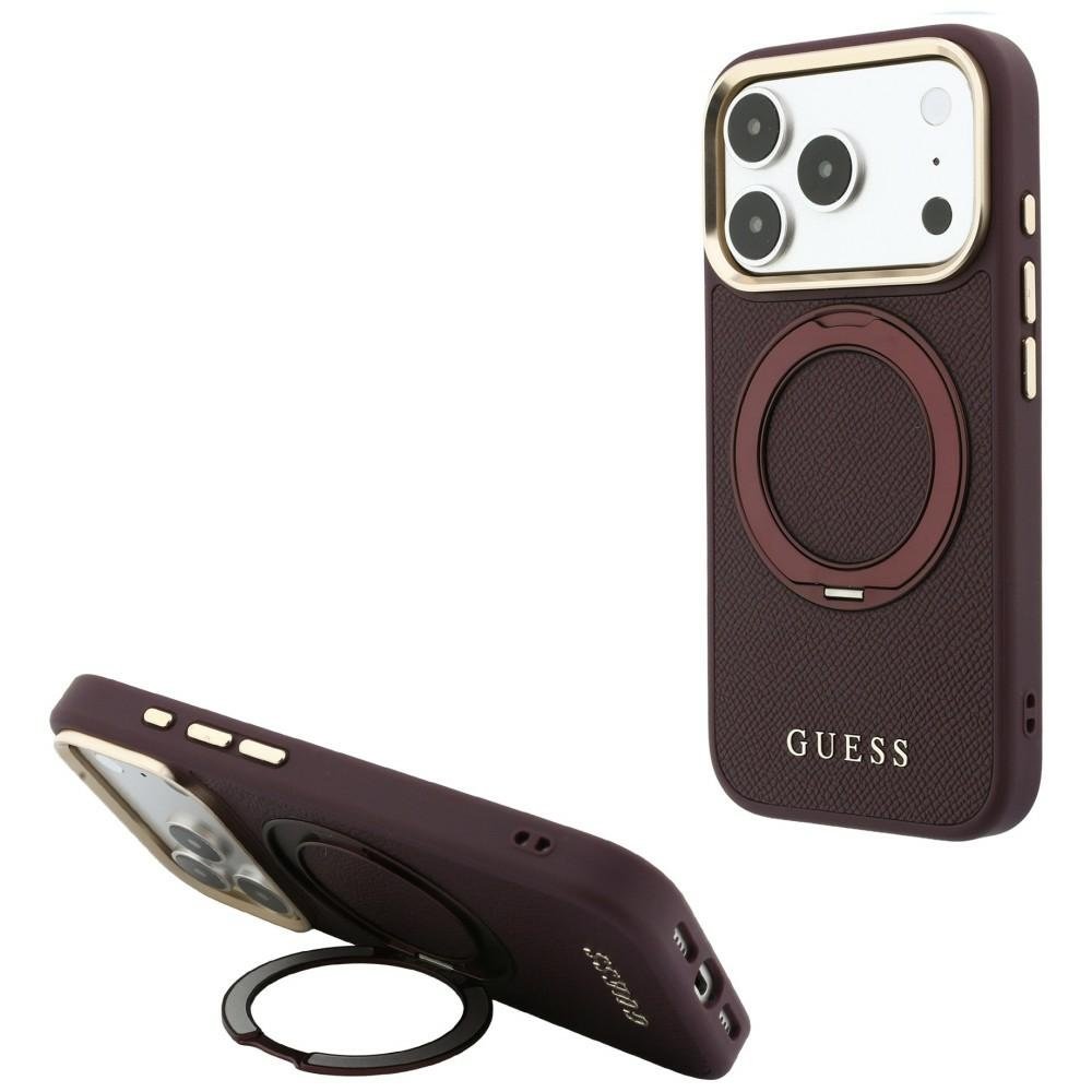 Guess Ring Stand 360 teksturēts klasiskais Logo MagSafe vāciņš iPhone 18 Pro Max / 17 Pro Max, bordo krāsā