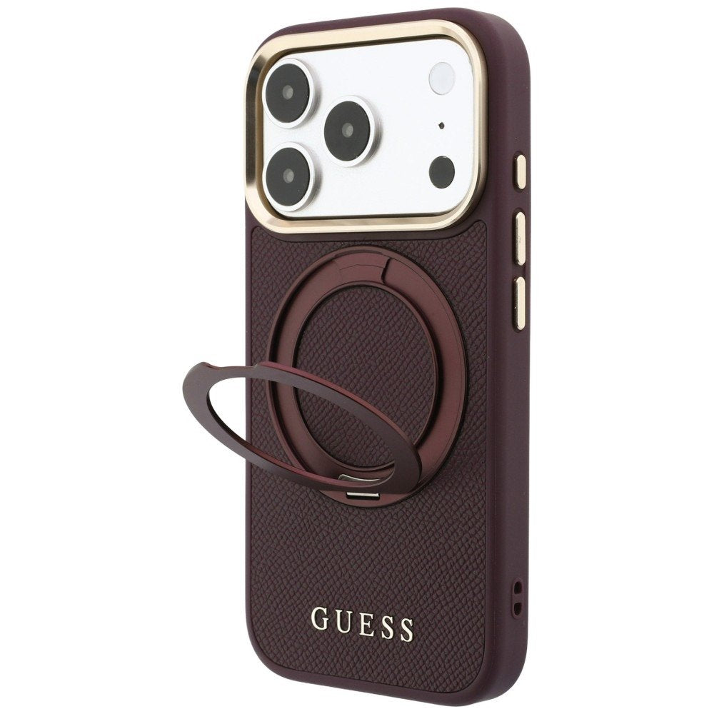 Guess Ring Stand 360 teksturēts klasiskais Logo MagSafe vāciņš iPhone 18 Pro Max / 17 Pro Max, bordo krāsā