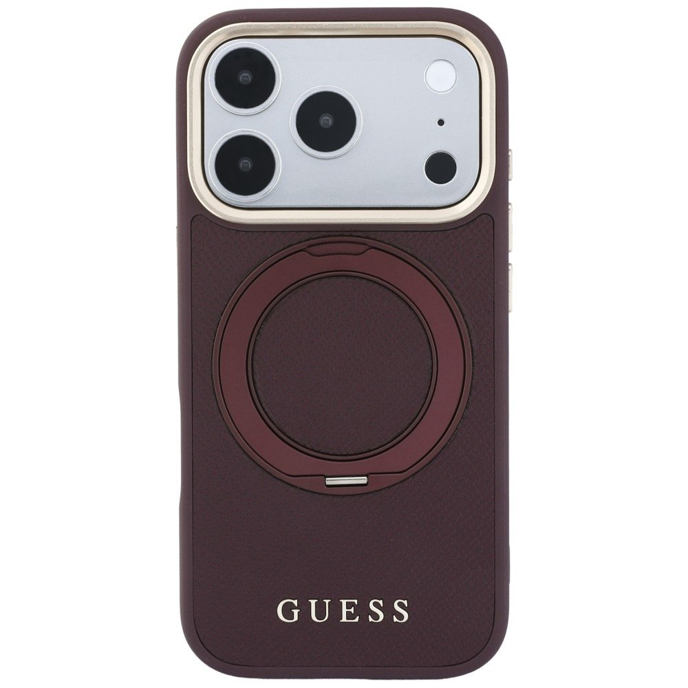 Guess Ring Stand 360 teksturēts klasiskais Logo MagSafe vāciņš iPhone 18 Pro Max / 17 Pro Max, bordo krāsā