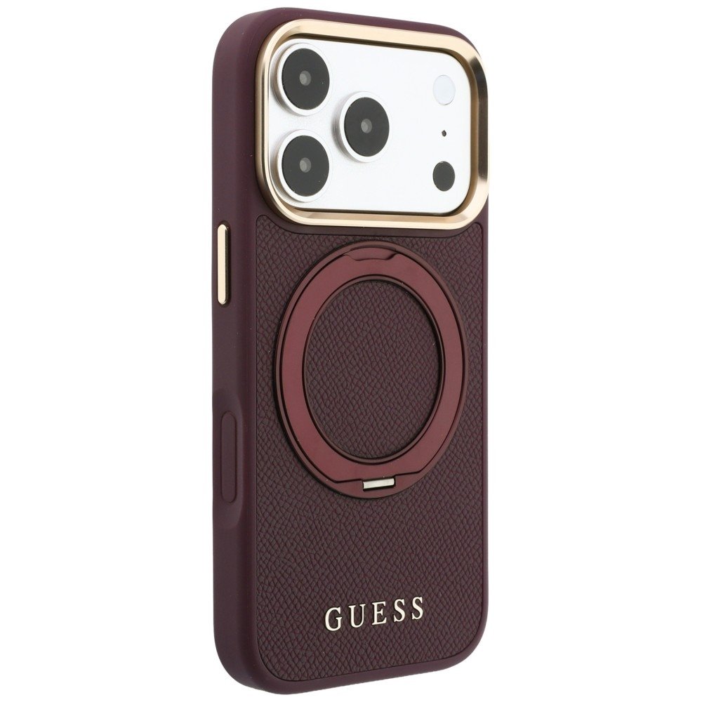 Guess Ring Stand 360 teksturēts klasiskais Logo MagSafe vāciņš iPhone 18 Pro Max / 17 Pro Max, bordo krāsā