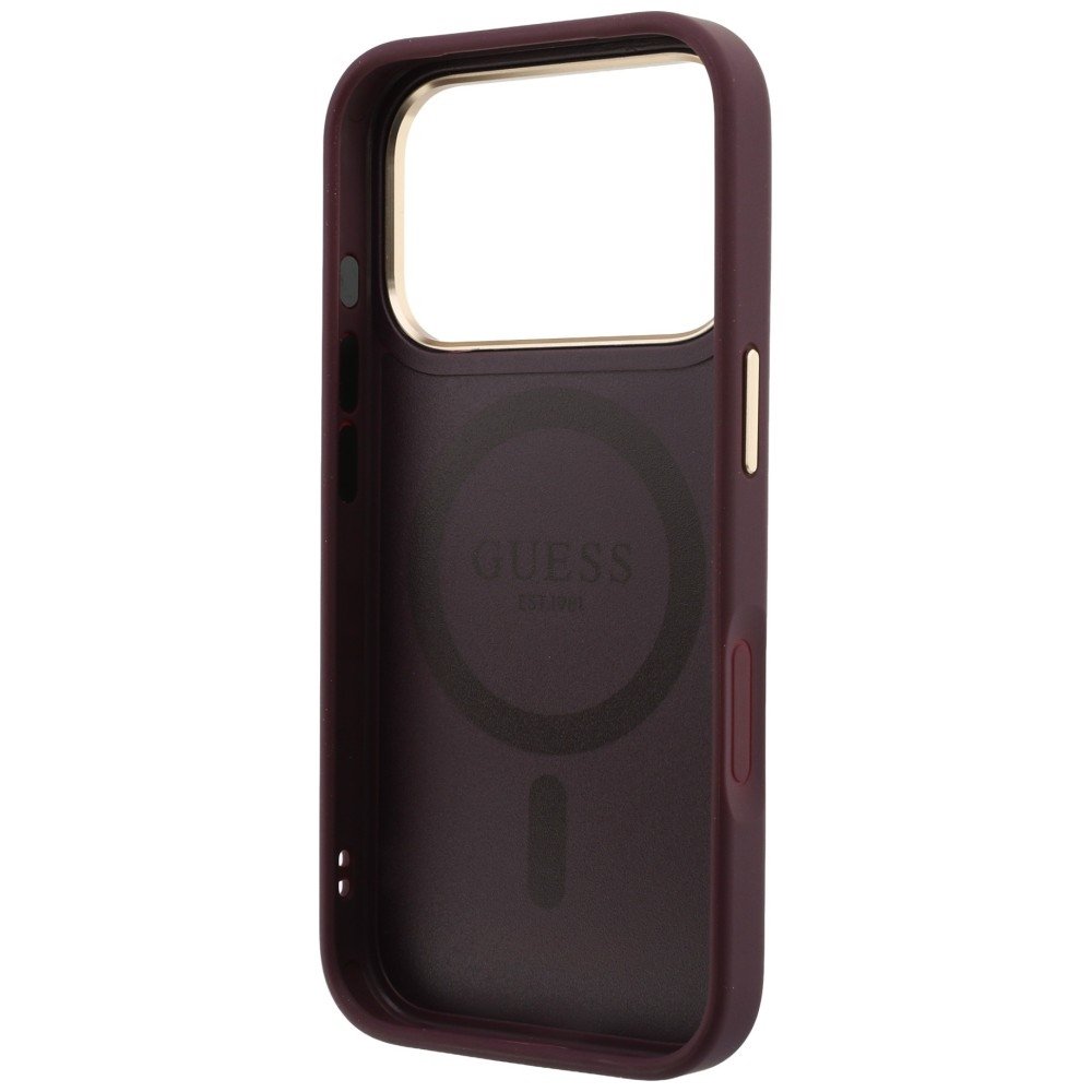 Guess Ring Stand 360 teksturēts klasiskais Logo MagSafe vāciņš iPhone 18 Pro Max / 17 Pro Max, bordo krāsā