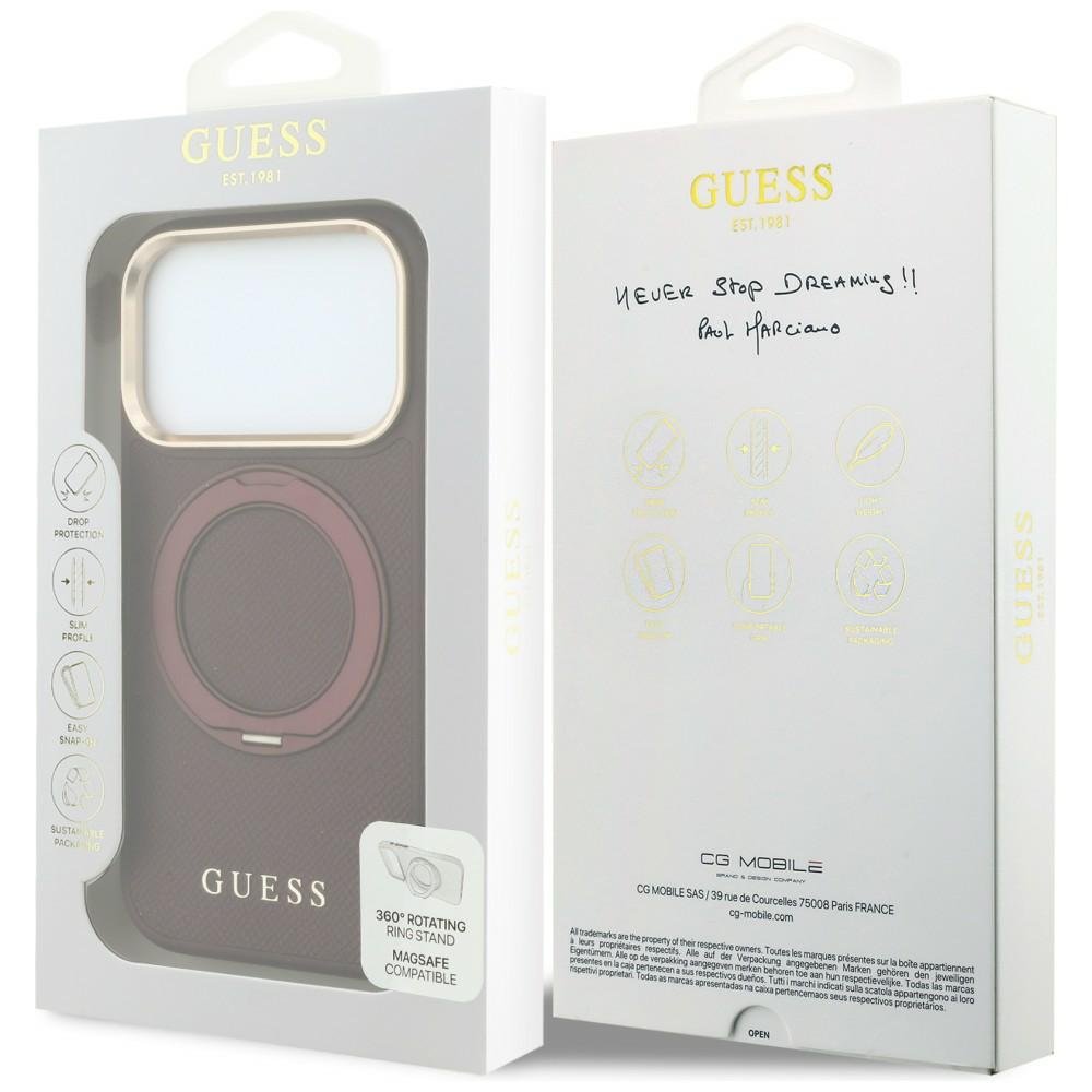 Guess Ring Stand 360 teksturēts klasiskais Logo MagSafe vāciņš iPhone 18 Pro Max / 17 Pro Max, bordo krāsā
