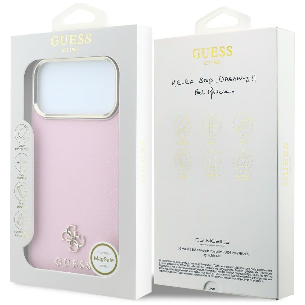 Guess Saffiano Small 4G un Classic Logo MagSafe vāciņš iPhone 18 Pro Max / 17 Pro Max, rozā krāsā